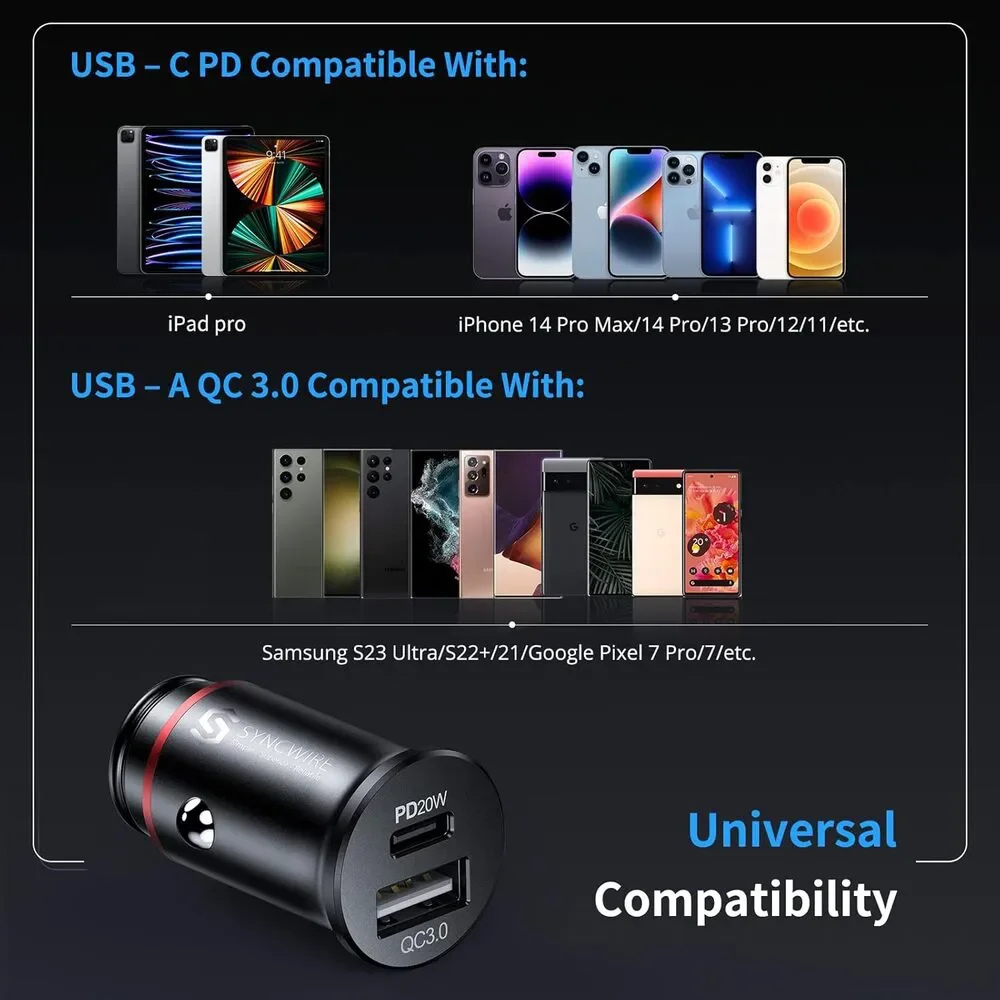 Syncwire USB-C Car Charger 38W Fast USB Car Charger PD&QC 3.0 Dual Port